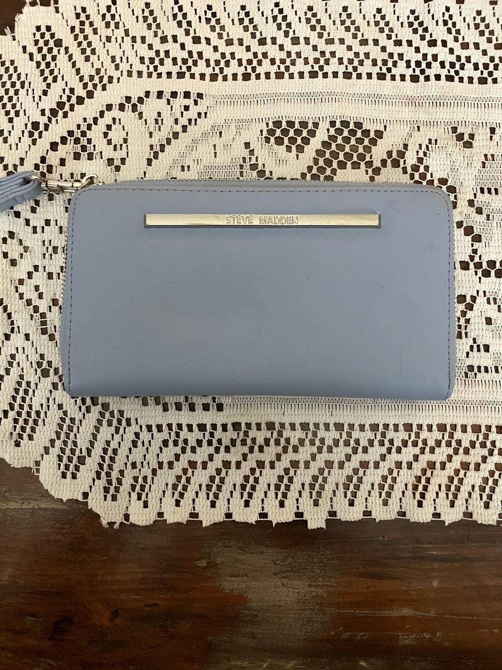 Steve Madden Light Blue Zip-Around Women's Wallet with Metal Logo Bar